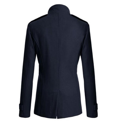 Men's Woolen Coat - Medium-Length Stand-Up Collar Double-Breasted Coat