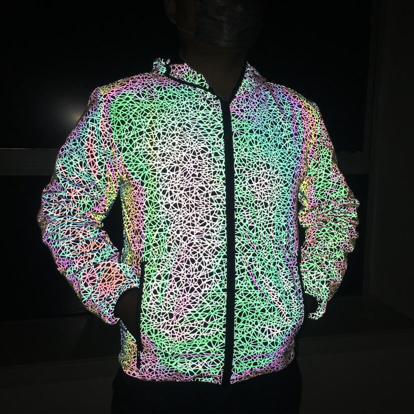 Reflective Jacket with Colorful Bird Nest Pattern - Hooded Fit-Type Zipper Jacket