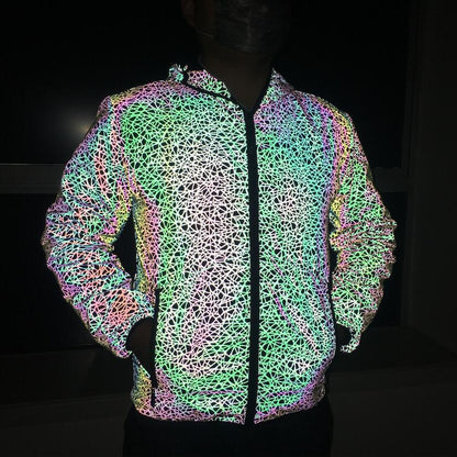 Reflective Jacket with Colorful Bird Nest Pattern - Hooded Fit-Type Zipper Jacket