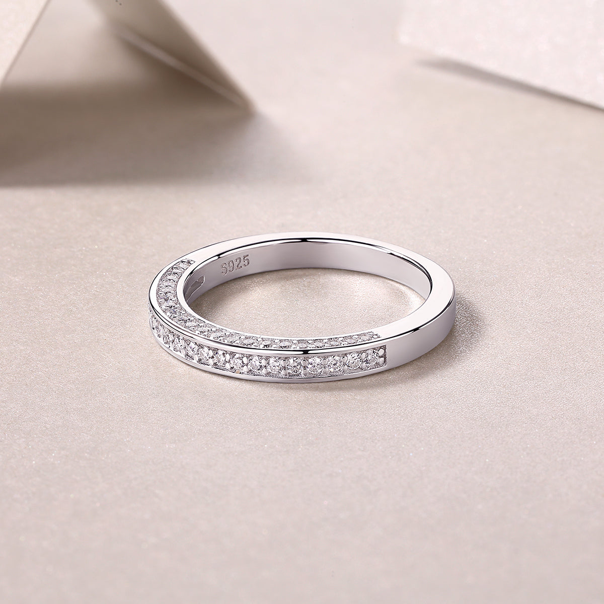 Delicate Moissanite Sterling Silver Ring - Platinum Plated Wedding Band