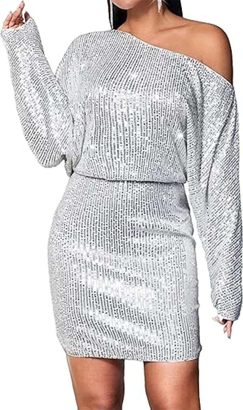 Sequined Off-Shoulder Shirt Dress - Short Sleeve Loose Pullover Long Dress