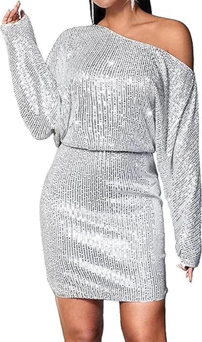Sequined Off-Shoulder Shirt Dress - Short Sleeve Loose Pullover Long Dress