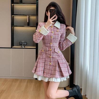 French Plaid Flounced Dress - High Waist Short Dress