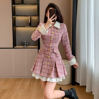 French Plaid Flounced Dress - High Waist Short Dress