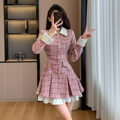 French Plaid Flounced Dress - High Waist Short Dress