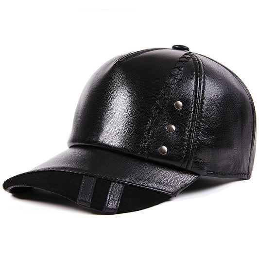Full-Grain Sheepskin Leather Baseball Cap - Korean Style Adjustable Dome Crown