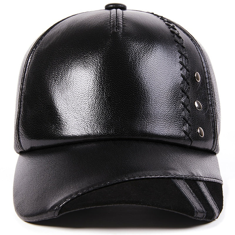 Full-Grain Sheepskin Leather Baseball Cap - Korean Style Adjustable Dome Crown