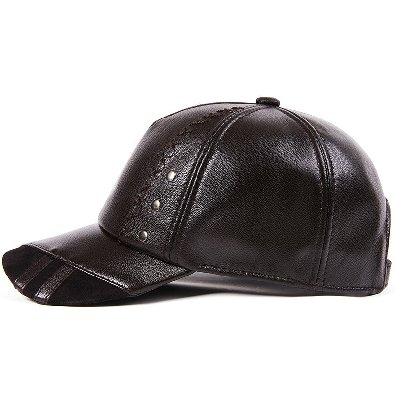 Full-Grain Sheepskin Leather Baseball Cap - Korean Style Adjustable Dome Crown