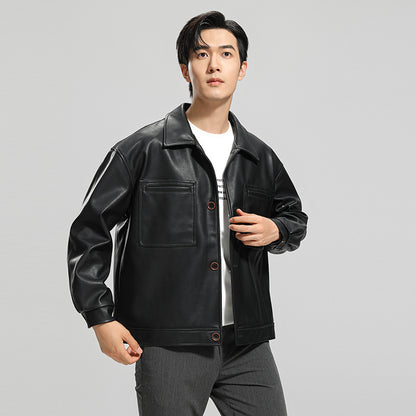 Men's Motorcycle Leather Jacket - Classic Lapel Zip-Up Outerwear