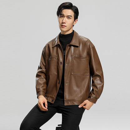 Men's Motorcycle Leather Jacket - Classic Lapel Zip-Up Outerwear