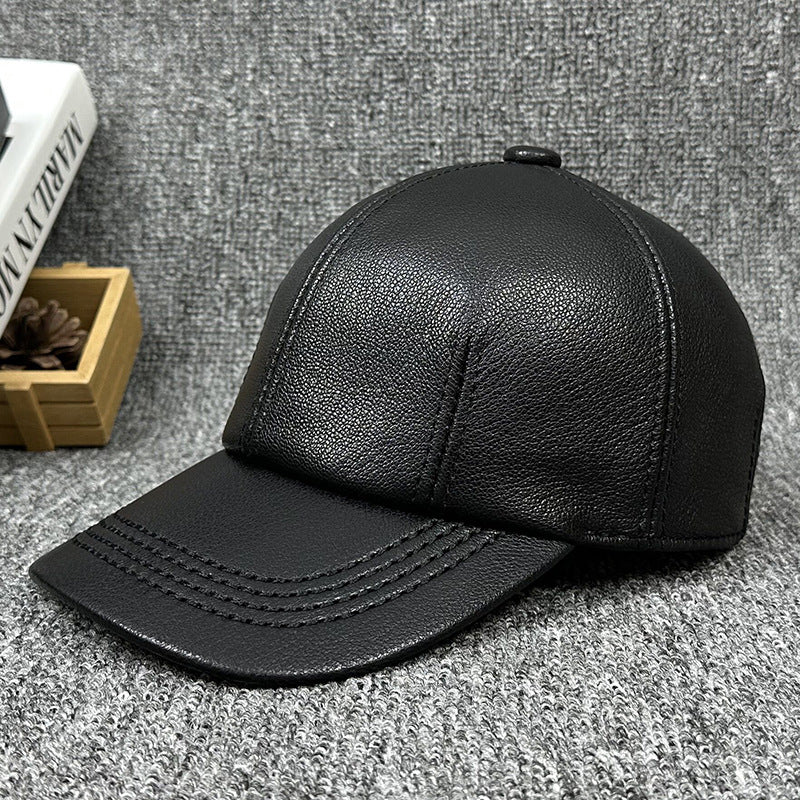 Men's Genuine Sheepskin Leather Baseball Cap - Adjustable Dome Crown Hat