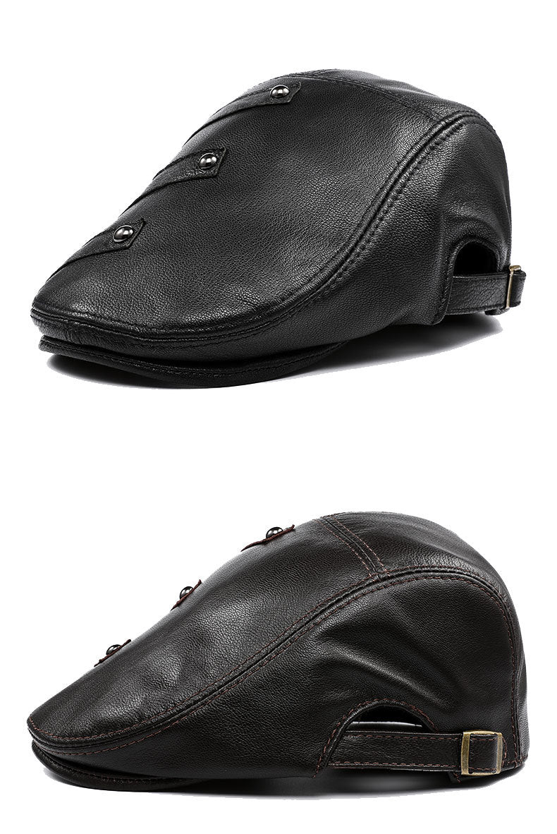 Men's Genuine Cowhide Leather Beret - Embroidered Flat Cap for Autumn & Winter