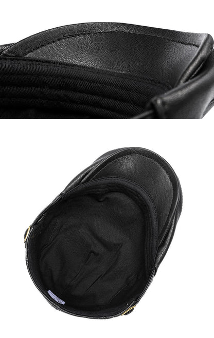 Men's Genuine Cowhide Leather Beret - Embroidered Flat Cap for Autumn & Winter