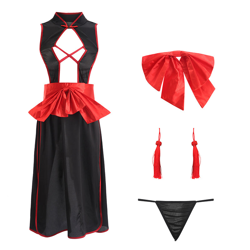 Backless Cheongsam Nightgown - Satin Sleepwear Dress with Round Neck