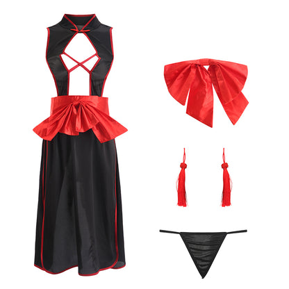 Backless Cheongsam Nightgown - Satin Sleepwear Dress with Round Neck