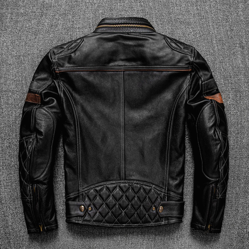 Premium First Layer Cowhide Leather Motorcycle Jacket - Men's Stand Collar Biker Coat