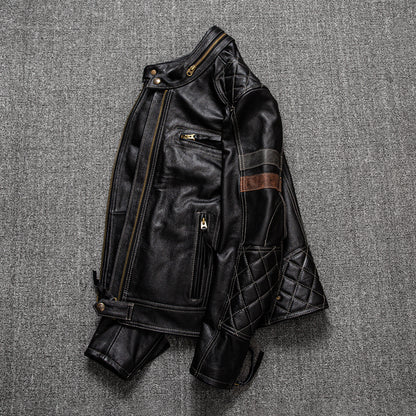 Premium First Layer Cowhide Leather Motorcycle Jacket - Men's Stand Collar Biker Coat
