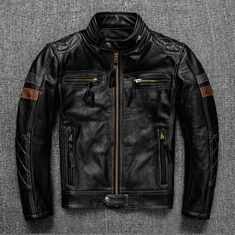 Premium First Layer Cowhide Leather Motorcycle Jacket - Men's Stand Collar Biker Coat