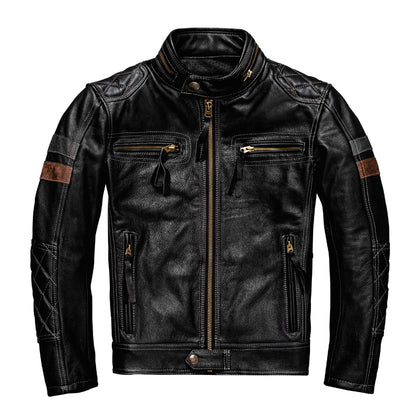 Premium First Layer Cowhide Leather Motorcycle Jacket - Men's Stand Collar Biker Coat