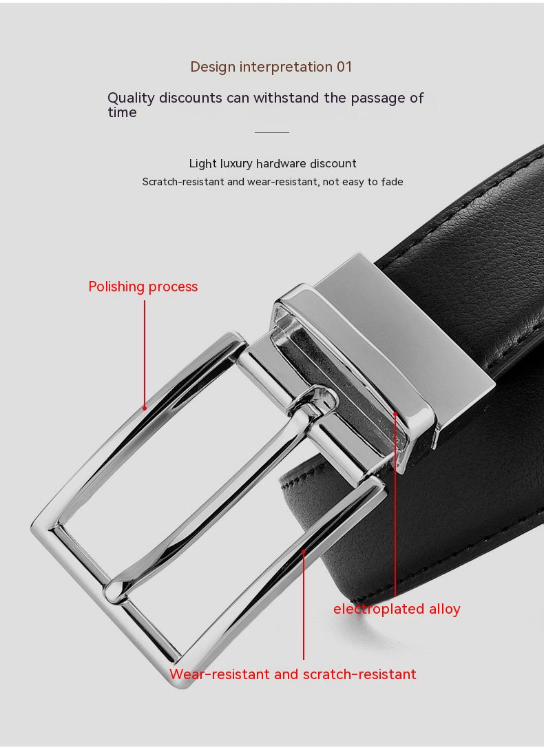 Men's Rotating Pin Buckle Genuine Leather Belt - Two-Layer Cowhide with Alloy Buckle