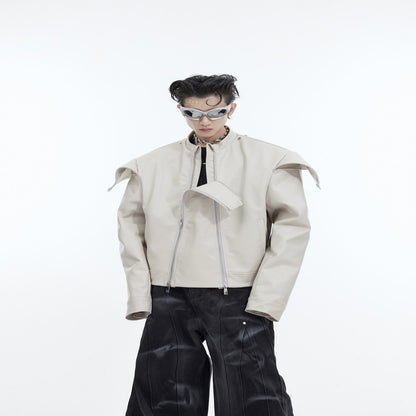 Double Zipper Split Design PU Leather Jacket - Stand Collar Loose Fit Coat
