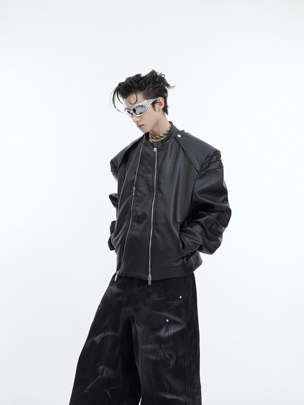 Double Zipper Split Design PU Leather Jacket - Stand Collar Loose Fit Coat
