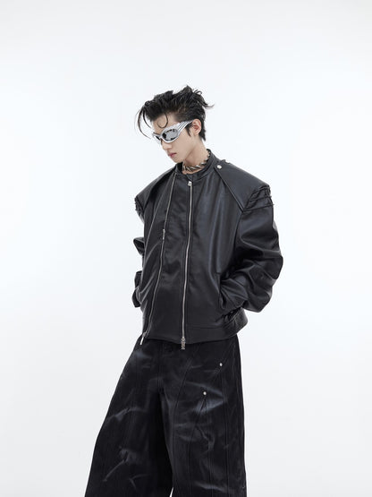 Double Zipper Split Design PU Leather Jacket - Stand Collar Loose Fit Coat