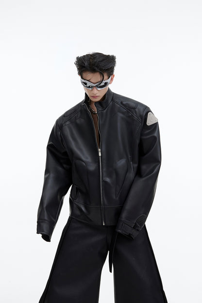Imitation Leather Jacket - Metal Graphic Design Stand Collar Zipper Jacket