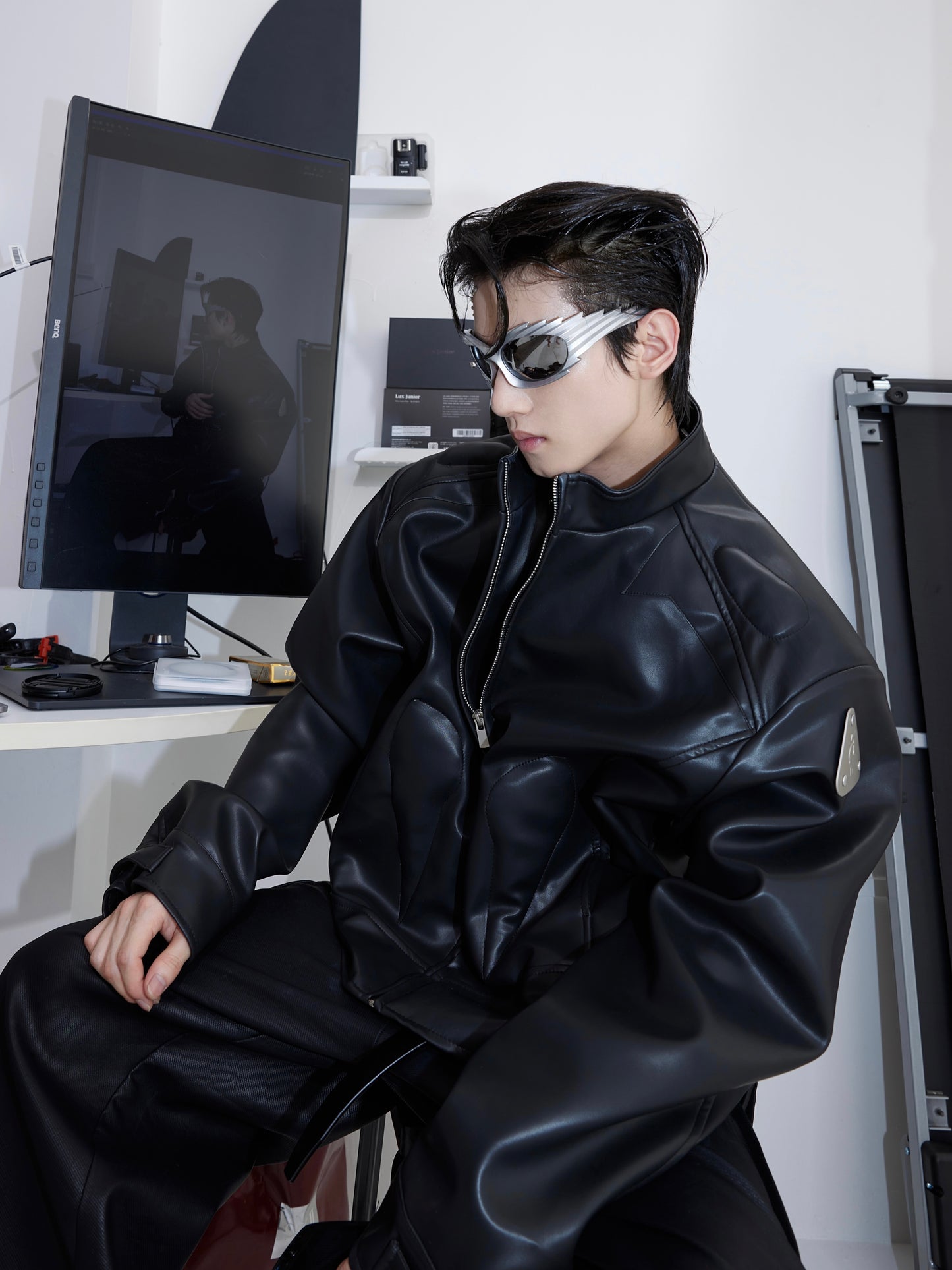 Imitation Leather Jacket - Metal Graphic Design Stand Collar Zipper Jacket