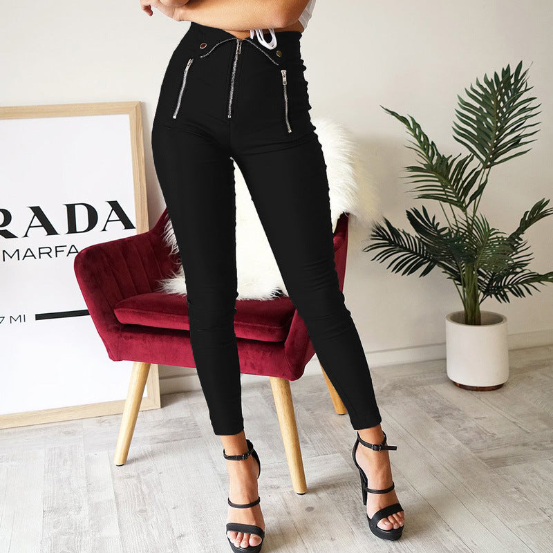 High Waist Zippered Nine-Point Pants - Women's Cropped Cotton Trousers