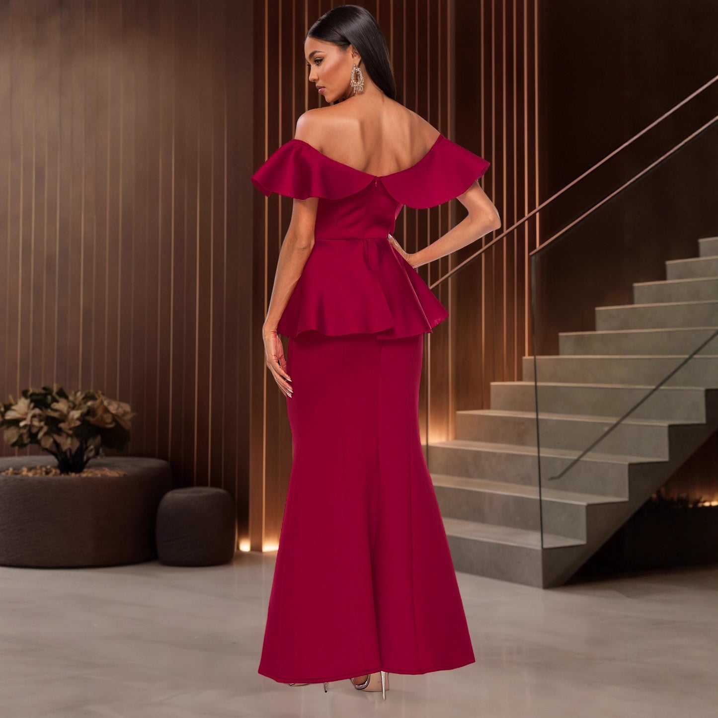 Women's Red Ruffle Off-Shoulder Fishtail Maxi Dress