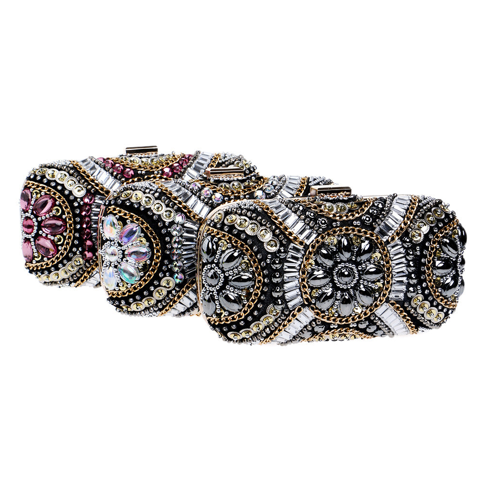 Beaded Embroidery Evening Bag - Rhinestone Clutch Purse with Hard Handle