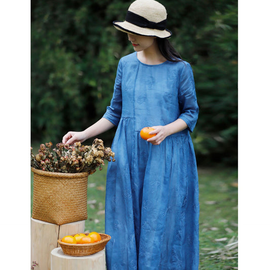 Women's Literary Travel Loose Linen Dress - Embroidered Cotton Linen Summer Dress