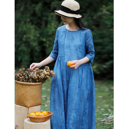 Women's Literary Travel Loose Linen Dress - Embroidered Cotton Linen Summer Dress
