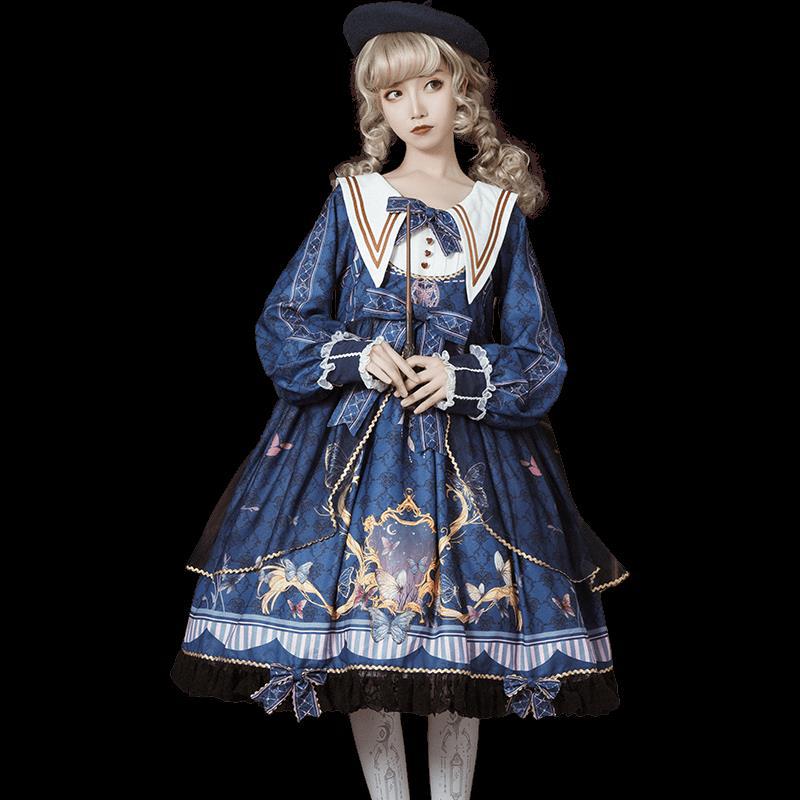 Victorian Lolita Dress - Butterfly Print Puff Skirt with Lace