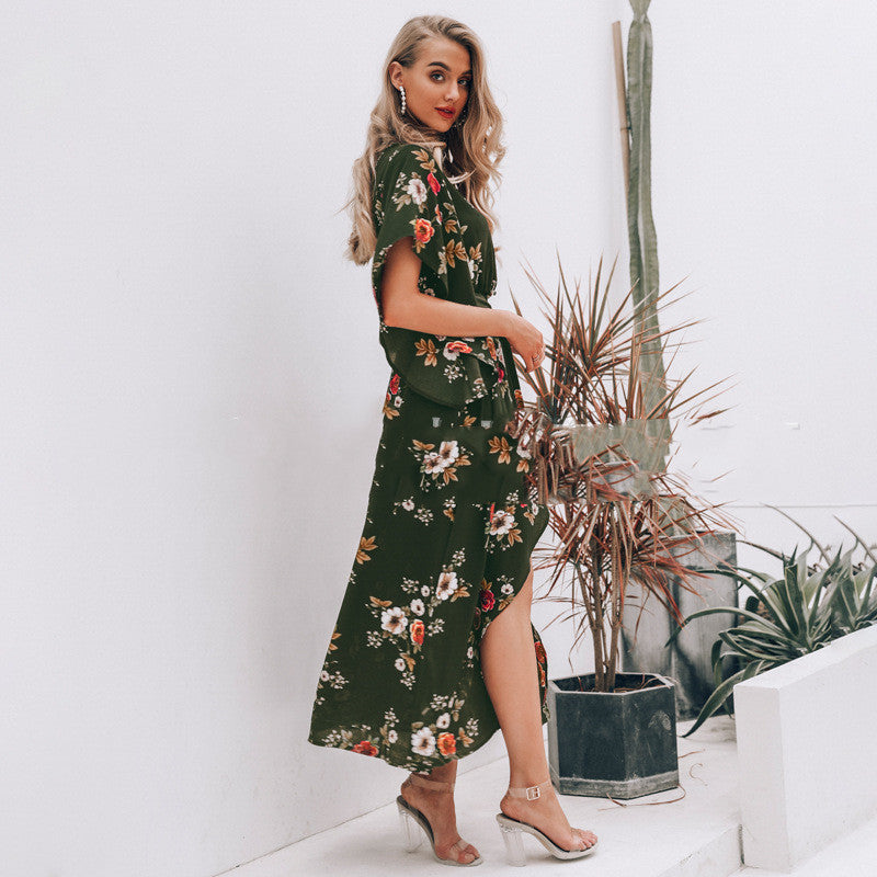 Women's Printed Long Slit Dress - Ruffled Maxi Dress with Irregular Hem