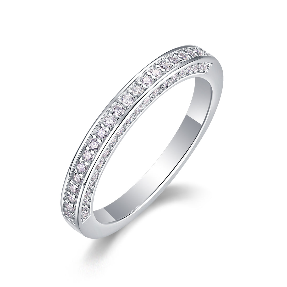 Delicate Moissanite Sterling Silver Ring - Platinum Plated Wedding Band