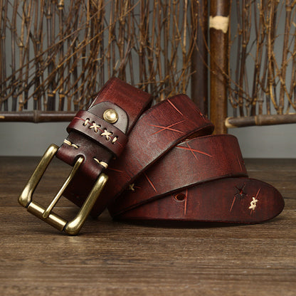 Washed-Out Vintage First Layer Cowhide Leather Belt - Genuine Leather Jeans Belt with Copper Pin Buckle