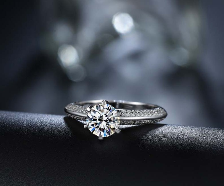 Sterling Silver Ring - Six-Claw Pavé Setting with Gemstone Inlay