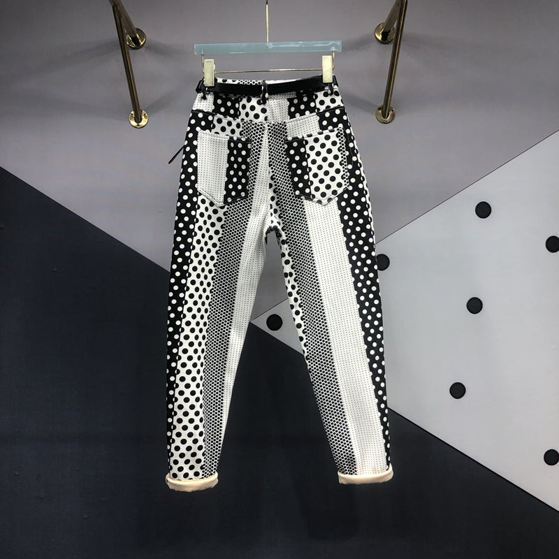Polka Dot Printed Dyed Denim Trousers - Women's Washed Full-Length Jeans
