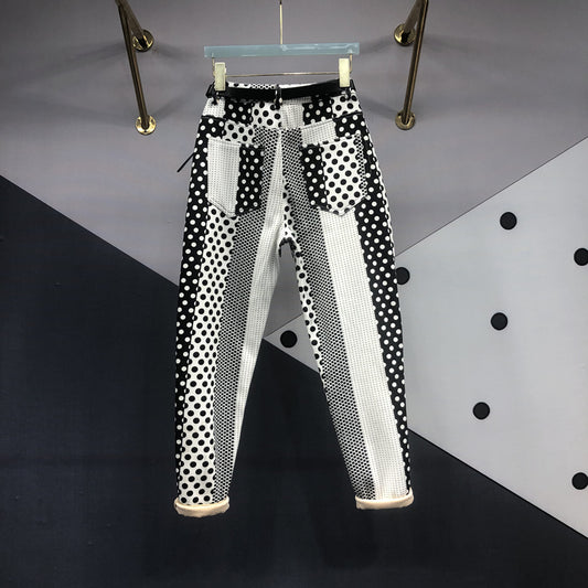 Polka Dot Printed Dyed Denim Trousers - Women's Washed Full-Length Jeans