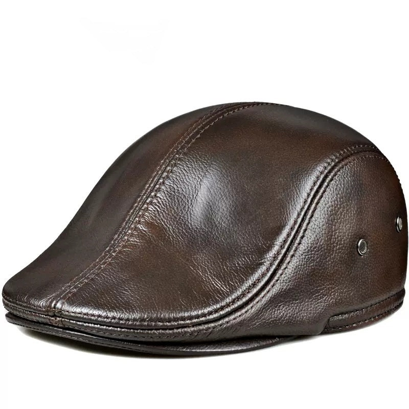Men's Genuine Cowhide Leather Cap - Top-Grain Duckbill Beret Winter Hat