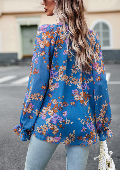 Women's Floral Print V-Neck Chiffon Blouse - Long Sleeve Casual Top