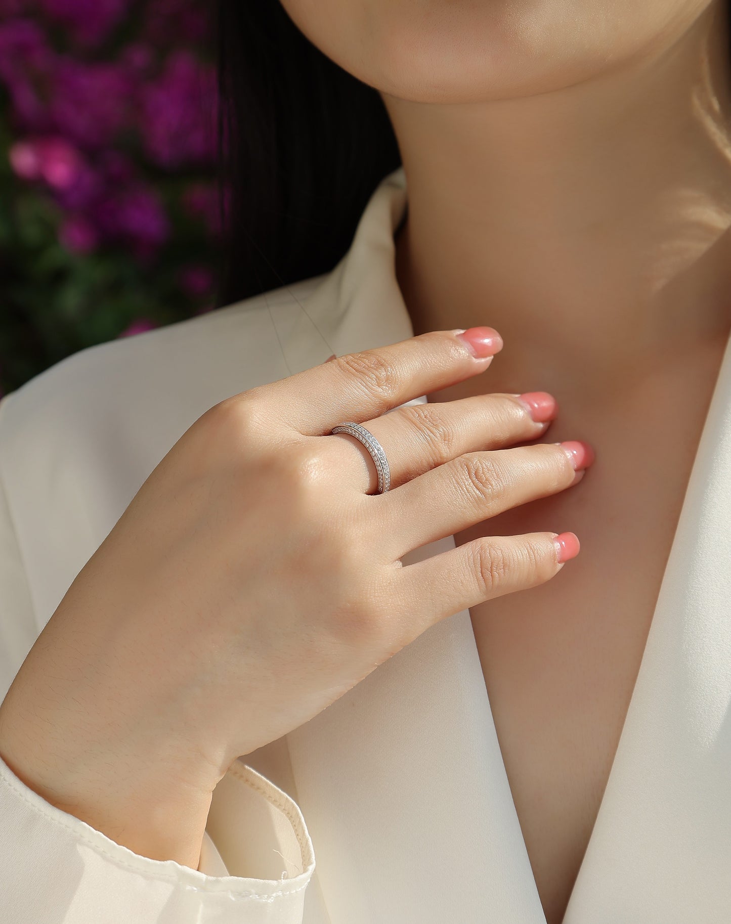 Delicate Moissanite Sterling Silver Ring - Platinum Plated Wedding Band
