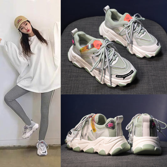 Women's Chunky Sole Sneakers | Synthetic Leather & Mesh Upper | Latex Insole | 5cm Heel | Sizes 35–40 | Green, Grey
