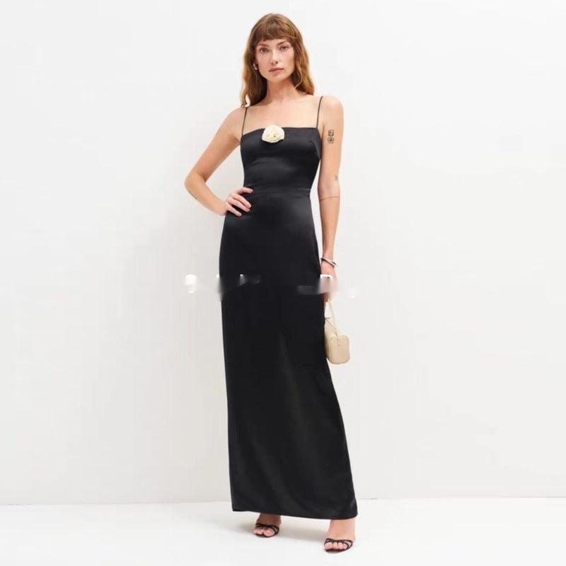 Women's Floral Print Silk Sleeveless Maxi Dress - Split Slit Waist Tie Dress