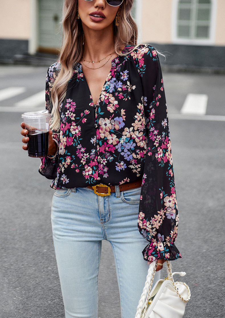 Women's Floral Print V-Neck Chiffon Blouse - Long Sleeve Casual Top