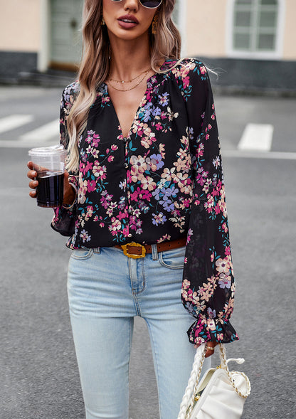 Women's Floral Print V-Neck Chiffon Blouse - Long Sleeve Casual Top