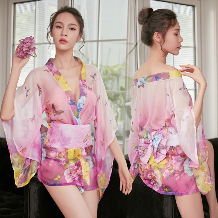 Women's Chiffon Lace Kimono Robe Set