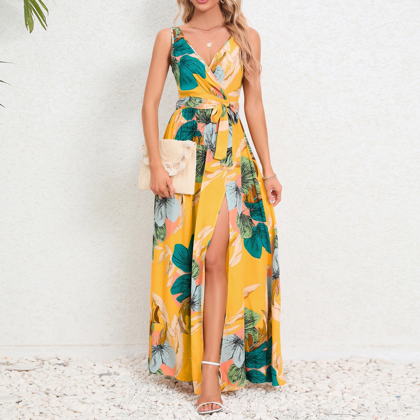 V-Neck Floral Print Maxi Dress - Sleeveless Summer Dress with Waist Tie and Slit
